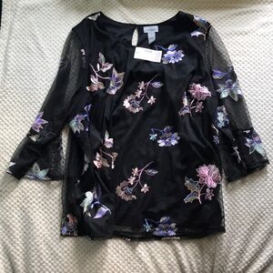 Catherines Floral Embroidered Black Top lined see threw shirt Size 2X Brand New